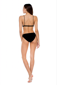 Model standing to the back wearing the perfect match top and lure bottom in black